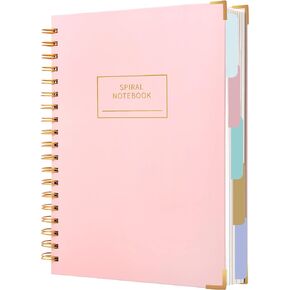 Hardcover Spiral Notebook with Tabs 8"x10" Large Spiral Lined Journals for Women with Dividers 240 Pages College Ruled Composition Notebook 5 Subject Notebook for Work, Back to School, Gifts, Pink