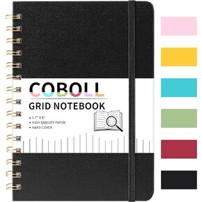 Graph Grid Notebook/Journal - Notebooks with Hardcover and Premium Thick Paper, 8" x 5.7" (exclusive of spirals), College Grid Spiral Notebook/Journal, Strong Twin-Wire Binding, Back Pocket