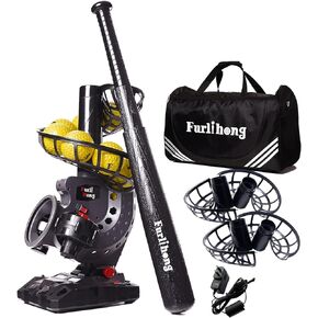 Furlihong Electronic Baseball Pitching Machine Set, Adjustable Angles, Timer and Speed, AC Adapter or Battery Powered, Comes with Bat, 8 Dimpled Balls, 4 Extra Stackers and Carrying Bag