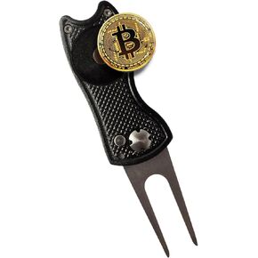HODL 21 Bitcoin Golf Divot Repair Tool, All-Metal Golf Accessories - 3- in-1 Golf Multitool (Divot Tool, Ball Marker, Club Holder) | Foldable with with Pop-up Button & Magnetic Ball Marker