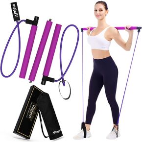 Pilates Bar Kit for Portable Home Gym Workout - 2 Latex Exercise Resistance Band - 3-Section Sticks - All-in-one Strength Weights Equipment for Body Fitness Squat Yoga with E-Book & Video