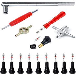 OSOF 25Pcs Tyre Valve Stem Puller Tools Set - 10Pcs TR412 Snap-in Valve Stems with 10Pcs Valve Stem Cores, 1Pcs 4-Way Valve Tool, 1Pcs Dual & 1Pcs Single Head Valve Core Remover Installer Tool