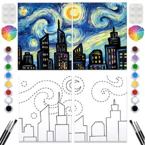 2 Pack Paint and Sip Canvas Painting Kit Pre Drawn Canvas for Painting for adults Stretched Canvas Couples Games Date Night Romantic City Anniversary Gifts Couple Paint Party Supplies 8X10