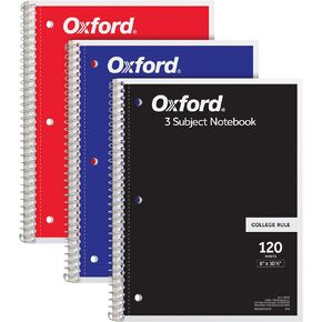 Oxford Spiral Notebook 3 Pack, 3 Subject, College Ruled Paper, 2 Dividers, 8 x 10-1/2 Inches, Black, Red, Blue, 120 Sheets (65202)