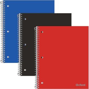 Oxford Spiral Notebooks, 1 Subject, College Ruled Paper, Durable Plastic Cover, 100 Sheets, Divider Pocket, 3 per Pack (10390), Red, Black and Blue