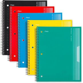 Mead Spiral Notebooks, 5 Pack, 1-Subject, Wide Ruled Paper, Plastic Cover, 8" x 10-1/2", 100 Sheets, Black, Yellow, Red, Blue and Green (930093)