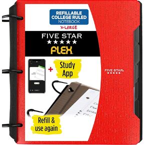 Five Star Flex Refillable Notebook + Study App, College Ruled Paper, 1-1/2 Inch TechLock Rings, Pockets, Tabs and Dividers, 300 Sheet Capacity, Black (29324AA2)