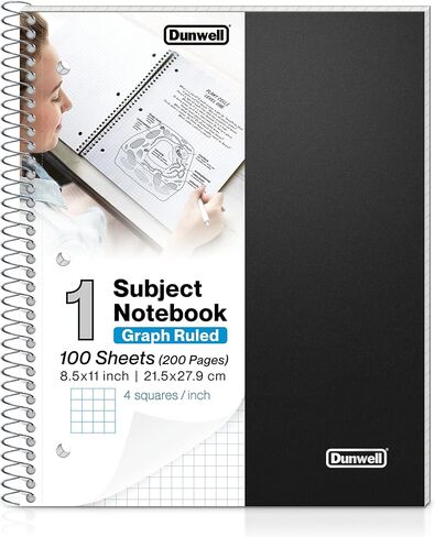 Dunwell Graph Paper Notebook 8.5 x 11 (Black) Plastic Cover, 100 Sheets (200 Pages), 4x4 Squares, 1 Subject Graph Paper Spiral Notebook, 1/4" Grid, Pocket Divider, Easy Tear-Off, 3-Hole Punched in Saudi Arabia