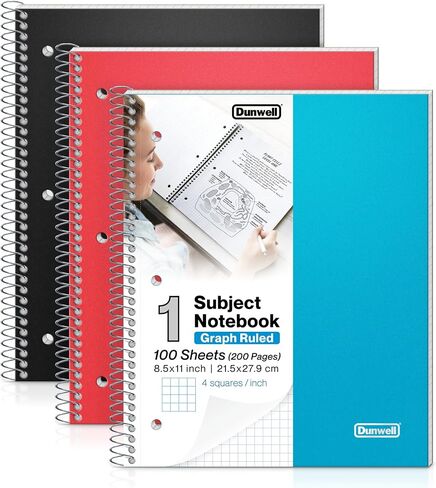 Dunwell Graph Paper Notebook 8.5 x 11 (Black) Plastic Cover, 100 Sheets (200 Pages), 4x4 Squares, 1 Subject Graph Paper Spiral Notebook, 1/4" Grid, Pocket Divider, Easy Tear-Off, 3-Hole Punched in Saudi Arabia