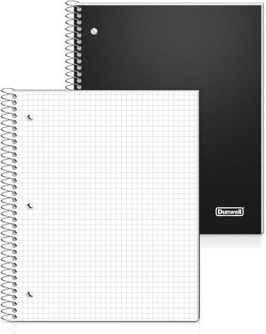 Dunwell Graph Paper Notebook 8.5 x 11 (Black) Plastic Cover, 100 Sheets (200 Pages), 4x4 Squares, 1 Subject Graph Paper Spiral Notebook, 1/4" Grid, Pocket Divider, Easy Tear-Off, 3-Hole Punched in Saudi Arabia