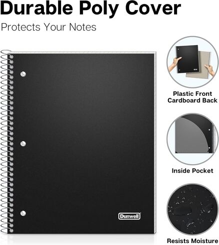 Dunwell Graph Paper Notebook 8.5 x 11 (Black) Plastic Cover, 100 Sheets (200 Pages), 4x4 Squares, 1 Subject Graph Paper Spiral Notebook, 1/4" Grid, Pocket Divider, Easy Tear-Off, 3-Hole Punched in Saudi Arabia