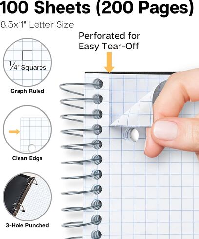 Dunwell Graph Paper Notebook 8.5 x 11 (Black) Plastic Cover, 100 Sheets (200 Pages), 4x4 Squares, 1 Subject Graph Paper Spiral Notebook, 1/4" Grid, Pocket Divider, Easy Tear-Off, 3-Hole Punched in Saudi Arabia