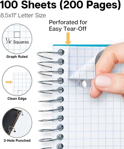 Dunwell Graph Paper Notebook 8.5 x 11 (Black) Plastic Cover, 100 Sheets (200 Pages), 4x4 Squares, 1 Subject Graph Paper Spiral Notebook, 1/4" Grid, Pocket Divider, Easy Tear-Off, 3-Hole Punched in Saudi Arabia