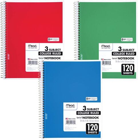 Mead Spiral Notebook, 3 Subject, College Ruled Paper(05748), 120 Sheets, 10-1/2" x 8", Assorted Color - 1 Count in Saudi Arabia