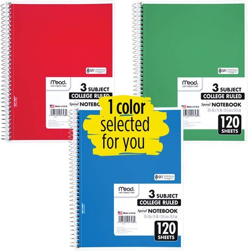 Mead Spiral Notebook, 3 Subject, College Ruled Paper(05748), 120 Sheets, 10-1/2" x 8", Assorted Color - 1 Count in Saudi Arabia