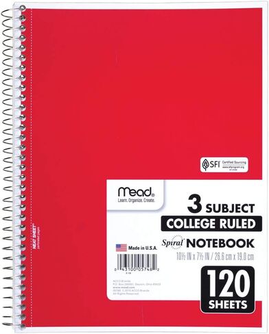 Mead Spiral Notebook, 3 Subject, College Ruled Paper(05748), 120 Sheets, 10-1/2" x 8", Assorted Color - 1 Count in Saudi Arabia