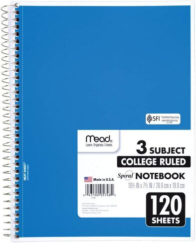 Mead Spiral Notebook, 3 Subject, College Ruled Paper(05748), 120 Sheets, 10-1/2" x 8", Assorted Color - 1 Count in Saudi Arabia