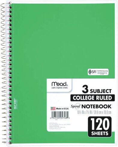Mead Spiral Notebook, 3 Subject, College Ruled Paper(05748), 120 Sheets, 10-1/2" x 8", Assorted Color - 1 Count in Saudi Arabia