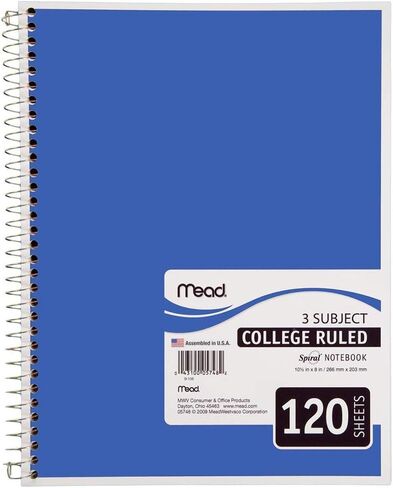 Mead Spiral Notebook, 3 Subject, College Ruled Paper(05748), 120 Sheets, 10-1/2" x 8", Assorted Color - 1 Count in Saudi Arabia