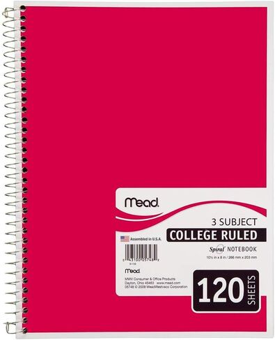 Mead Spiral Notebook, 3 Subject, College Ruled Paper(05748), 120 Sheets, 10-1/2" x 8", Assorted Color - 1 Count in Saudi Arabia