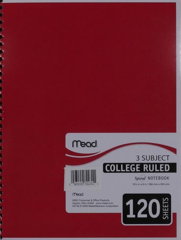 Mead Spiral Notebook, 3 Subject, College Ruled Paper(05748), 120 Sheets, 10-1/2" x 8", Assorted Color - 1 Count in Saudi Arabia