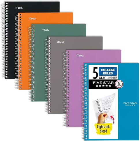Five Star Small Spiral Notebook, 5 Subject, College Ruled Paper, 180 Sheets, 9-1/2" x 6", Color Will Vary, 1 Count (06184) in Saudi Arabia
