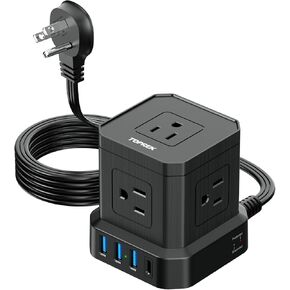 Extension Cord 25 FT, TOPREK Extension Cord with 5 AC Outlets 4 USB, Power Strip with USB, USB C (15.5W/3.0A) Power Strip with Surge Protector, Flat Plug Extension Cord for Apartment, Home Studio, RV