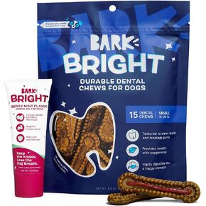 Bark Bright Durable Dental Kit - Berry Mint Flavored - 15 Chew Sticks & Toothpaste - Medium Breeds