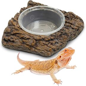 PINVNBY Double Reptile Feeding Ledge,Resin Rock Reptile Water Dish with Plastic Gecko Food Cups Reptile Terrarium Tank Accessories for Bearded Dragons Leopard Gecko Lizard Snake Chameleon
