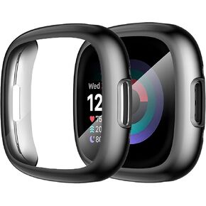 2 Pack TPU Case for Fitbit Versa 4 Screen Protector, Full Around Electroplate Protective Cover Compatible with Fitbit Sense 2/Versa 4 Smartwatch (Black/Black)