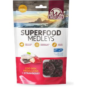 Fish Skin Dog Treats Cod Superfood Medallions 3oz - Strawberry & Cod Limited Ingredient