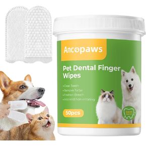Teeth Cleaning for Dogs & Cats - Dental Care Finger Wipes to Remove Bad Breath - Dog Tooth Brushing Kit - Cat Toothbrush Plaque and Tartar Remover - 50 Count (Mint Scent)