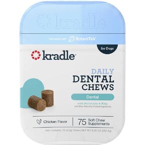 Kradle Daily Dental Chews - Dental Chews & Stress-Relief Support for Dogs - Soft Calming Chews with Soothing Ingredients - for All Dog Breed & Sizes - 75 Count Jar