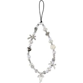 Silver Bow Phone Charm White Keychain Charms Bag Charms White Pearl Key Chains Heart Star Bowknot Flower Beads Keychains for Women Cute Keychain Accessories Phone Charms Phone Chain Key Ring Pendant