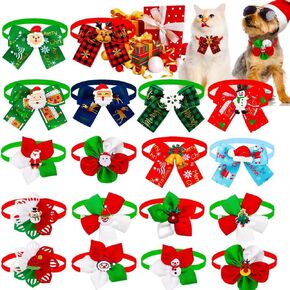 20pcs Christmas Dog Collar Bow Tie, Adjustable Small Medium Dog Bowties Puppy Bowtie Neck Bows Bulk Assorted Grooming Accessories