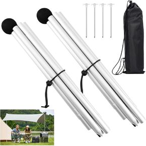 Beach Tent Poles Replacement - 6.56Ft Awning Poles with Ground Stakes for Tarp Canopy, Foldable Aluminum Alloy Tarp Poles for Camping, Parties, Fishing, and Hiking, 2-Pack