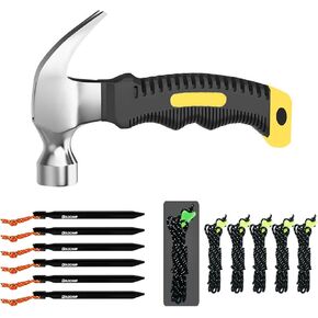 6 Pack Aluminum Tent Stakes，6 Pack High-Reflective Guy Lines 4mm Tent Cords High-Strength Lightweight Camp Ropes with Glow in The Dark Adjuster Tensioner for Tent, Small Claw Hammer