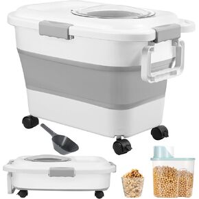 Dog Food Storage Containers 2 PCS(15/20 LB) Collapsible Dog Food Storage Container - with Measuring Cup &Scoop for Dog/Cat Food， (grey+grey)