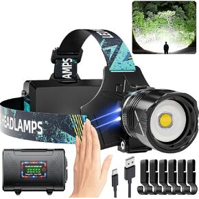 Rechargeable LED Headlamp, 990000 Lumens Super Bright Sensor Head Lamp with 5 Lighting Modes, IPX7 Waterproof Zoom Headlamp, 90° Adjustable Headlight for Camping, Outdoor, Cycling, Climbing