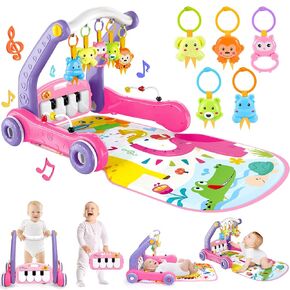 4-in-1 Baby Gym Play Mat with Learning Walker, Tummy Time Mat for Newborn Infant 0-3-6-9-12 Month Boy Girl, Babies Activity Center with Play Piano & Lights, Ideal Baby Toys Gifts Push Walkers