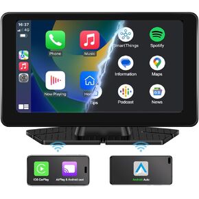 VEKOOTO 7" HD Portable Wireless Car Stereo, Wireless Carplay Touch Screen for Car with Apple CarPlay & Android Auto with Mirror/Link/Siri/Bluetooth/Navigation/AUX for All Vehicles