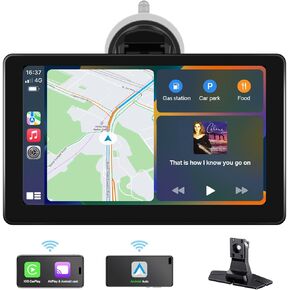 VEKOOTO 9inch HD Touch Screen Portable Car Stereo, Wireless Carplay Screen, Overhead Video Players with Apple Carplay & Android Auto, GPS Navigation/AirPlay/Voice Control/Mirror Link/Aux