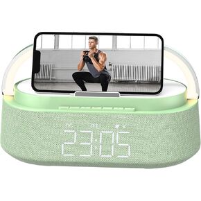 Bluetooth Speaker Alarm Clock with 15W Fast Wireless Charger,FM Radio,LED Night Light,Wireless Charging Clocks for Bedrooms Office Home, Gifts