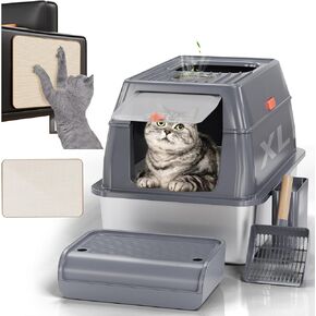 MIKK Enclosed Stainless Steel Cat Litter Box with Lid XL Extra Large Litter Box for Big Cats Enclosed Removable,Never Absorbs Odors, Sturdy Easy to Clean Non-Sticky Anti-Leakage with Cat Scratcher Mat
