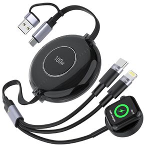 100W Multi Charging Cable for Apple Watch Charger, 6 in 1 Retractable iWatch Charger Cord, 3 in 2 Retractable iPhone 15 and iWatch Fast Charging Cable for Apple Watch Series, Galaxy&iPad, (Black)