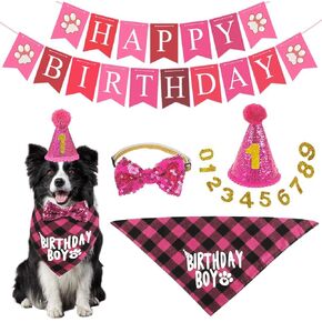 Dog Birthday Party Supplies, Boy Dog Birthday Bandana with Dog Birthday Party Hat Bow Tie Birthday Number, Cute Bow Scarf Hat and Happy Birthday Banner Set for Large Medium Small Dogs Pet (Blue)