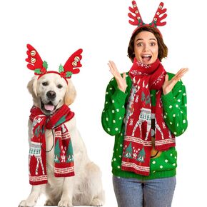 4 Pcs Matching Dog and Owner Christmas Clothes Outfits Dog Reindeer Elk Antlers Headband Dog and Owner Matching Bandanas Scarf Costumes for Small Medium Large Dogs
