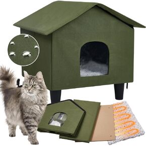 Outdoor Cat House Weatherproof with Self-Heating Mat - Elevated Feral Cat Shelter Outdoor Heated Cat Bed with 2 Escape Door, 20KG/44LBS Load, 2 Ground Nails, Small, 18"x16"