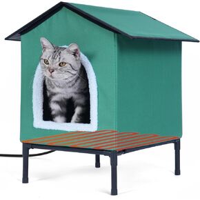 Elevated Heated Cat House for Outdoor Cat in Winter,Winter Heated Cat House Shelter for Outside Feral Cat, Insulated Feral Cat House, Warm Home for Outside Stray Barn Cat (Green, Medium) in Kuwait