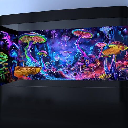 24X12IN Blacklight Mushroom Black Light Aquarium Background UV Reactive Background Starry Sky Terrarium Mushroom Theme Background with 10 EVA Double-Sided Tape in Saudi Arabia